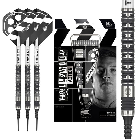 Hollywood Action Soft Tip Darts main product image showing the darts, packaging, flights, shafts, and included accessories