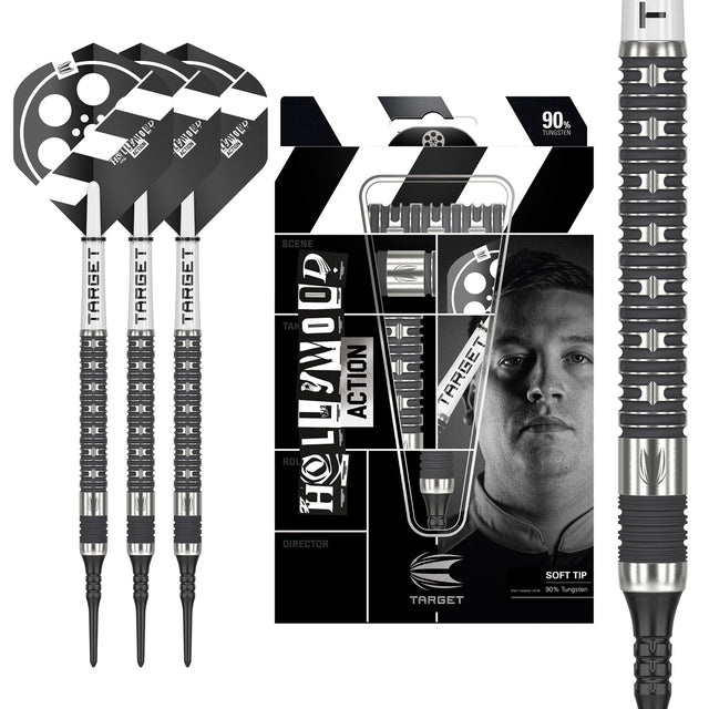 Hollywood Action Soft Tip Darts main product image showing the darts, packaging, flights, shafts, and included accessories