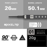 Hollywood Action Soft Tip Darts specifications image showing barrel dimensions, weight, and technical details