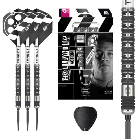 Hollywood Action SP Steel Tip Darts main product image showing the darts, packaging, flights, shafts, and included accessories