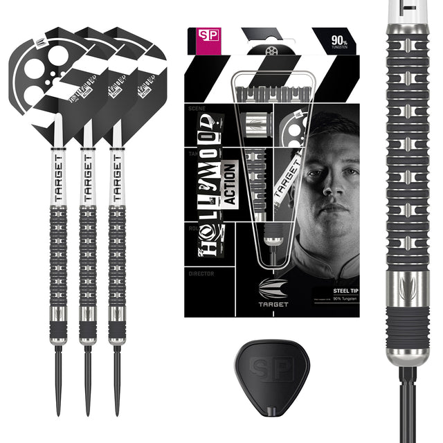 Hollywood Action SP Steel Tip Darts main product image showing the darts, packaging, flights, shafts, and included accessories