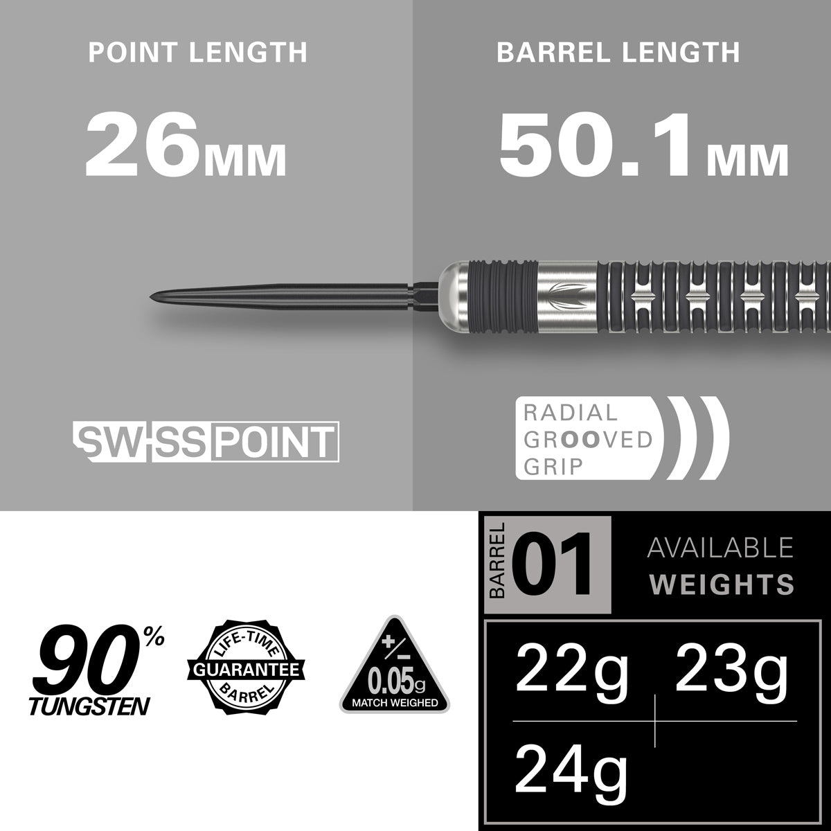 Hollywood Action Steel Tip Darts specifications image showing barrel dimensions, weight, and technical details