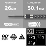 Hollywood Action Steel Tip Darts specifications image showing barrel dimensions, weight, and technical details