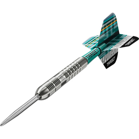 Hydro 01 SP Steel Tip Darts dynamic angle view showing the barrel and grip up close