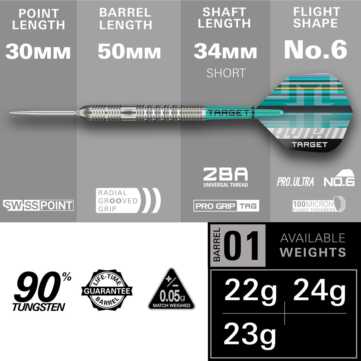 Hydro 01 SP Steel Tip Darts specifications image showing barrel dimensions, weight, and technical details