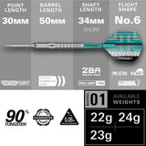 Hydro 01 SP Steel Tip Darts specifications image showing barrel dimensions, weight, and technical details