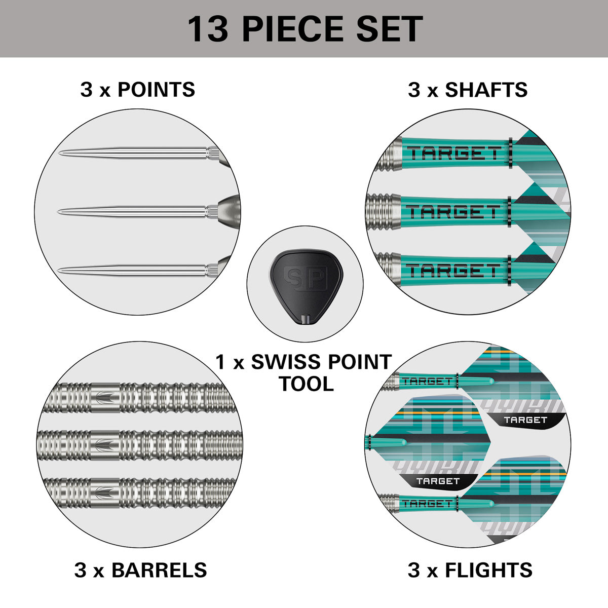 Hydro 01 SP Steel Tip Darts what’s included image showing all items supplied inside the box