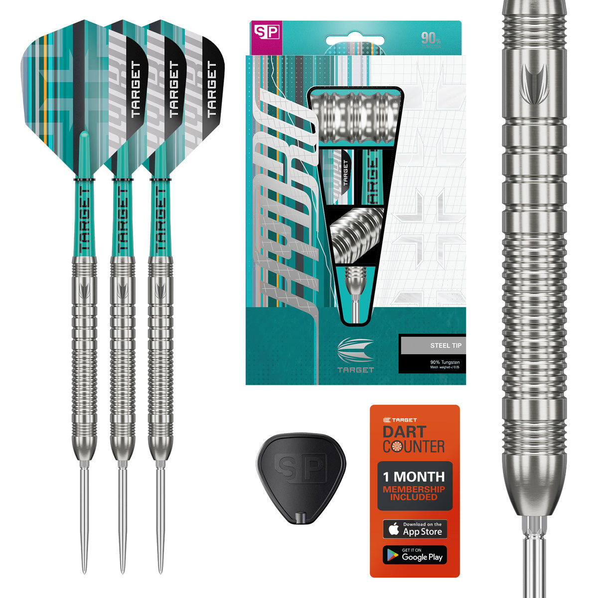 Target Hydro 03 SP Steel Tip Darts main product image showing the darts, packaging, flights, shafts, and included accessories