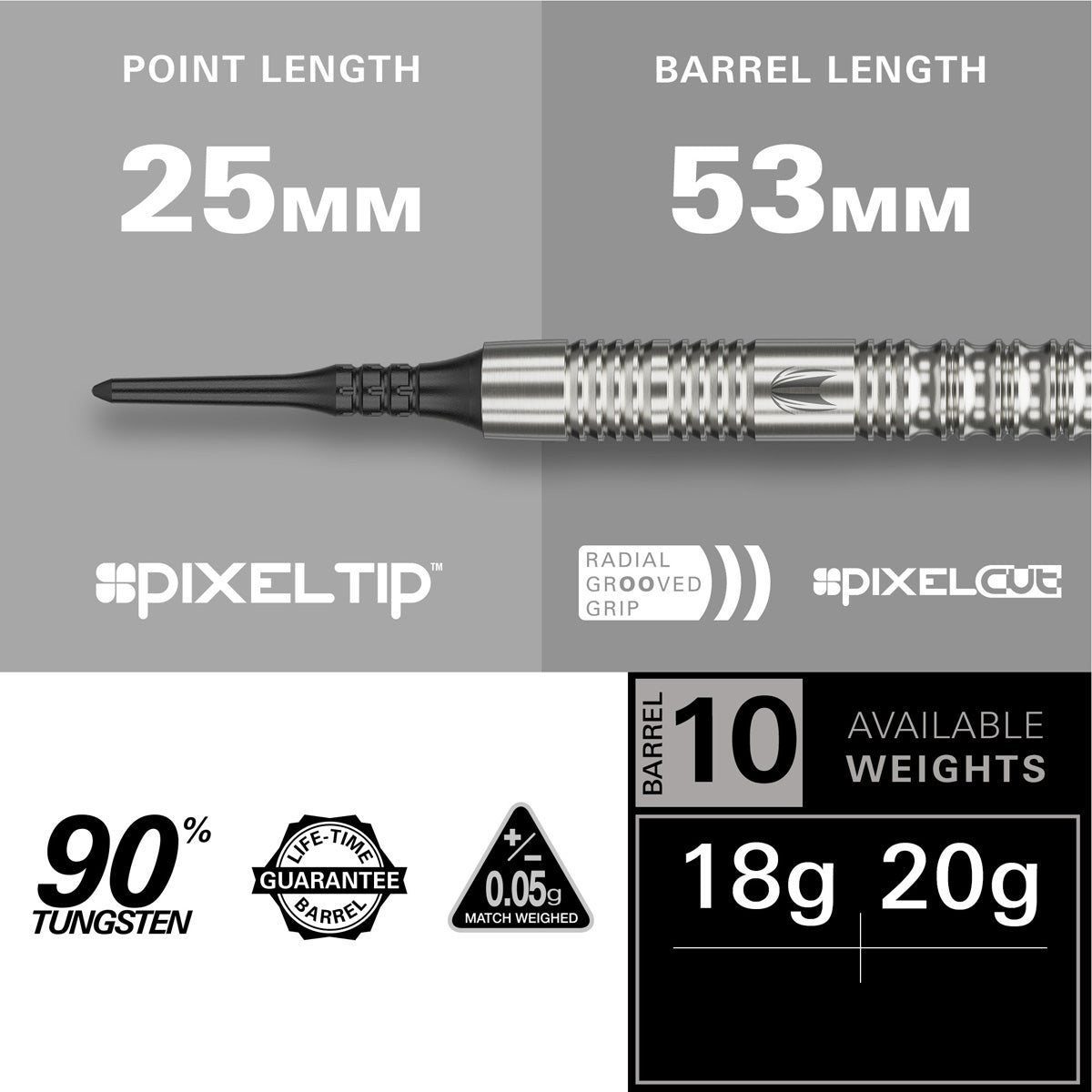 Hydro 12 Soft Tip Darts specifications image showing barrel dimensions, weight, and technical details