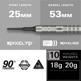 Hydro 12 Soft Tip Darts specifications image showing barrel dimensions, weight, and technical details
