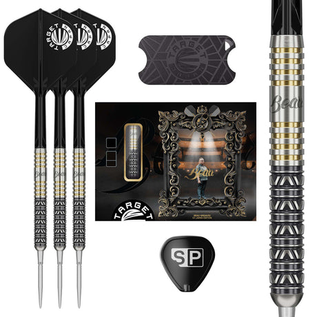 Target Japan Beau Greaves Japan Edition Swiss Point Steel Tip Darts main product image showing the darts, packaging, flights, shafts, and included accessories
