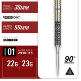 Target Japan Beau Greaves Japan Edition Swiss Point Steel Tip Darts specifications image showing barrel dimensions, weight, and technical details
