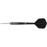 Black Marque Armageddon G2 Swiss Point Steel Tip Darts close up image highlighting the barrel grip texture, coating, machining, and design details