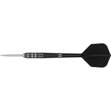 Black Marque Armageddon G2 Swiss Point Steel Tip Darts close up image highlighting the barrel grip texture, coating, machining, and design details