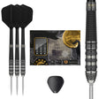 Black Marque Armageddon G2 Swiss Point Steel Tip Darts main product image showing the darts, packaging, flights, shafts, and included accessories