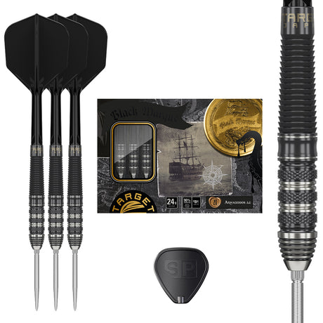 Black Marque Armageddon G2 Swiss Point Steel Tip Darts main product image showing the darts, packaging, flights, shafts, and included accessories