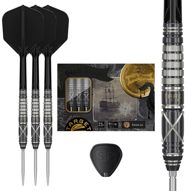 Target Japan Black Marque Chaos G2 Swiss Point Steel Tip Darts main product image showing the darts, packaging, flights, shafts, and included accessories
