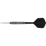 Black Marque Chaos Swiss Point Steel Tip Darts close up image highlighting the barrel grip texture, coating, machining, and design details