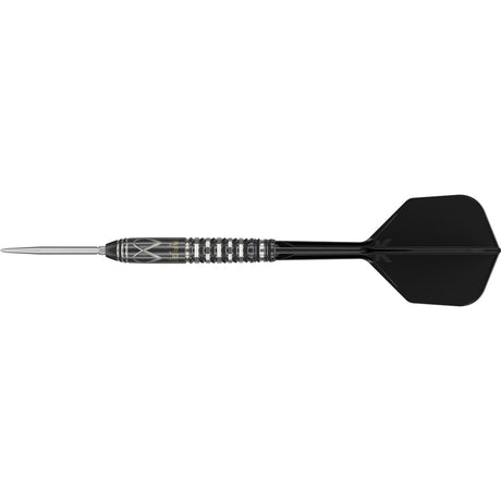 Black Marque Chaos Swiss Point Steel Tip Darts close up image highlighting the barrel grip texture, coating, machining, and design details