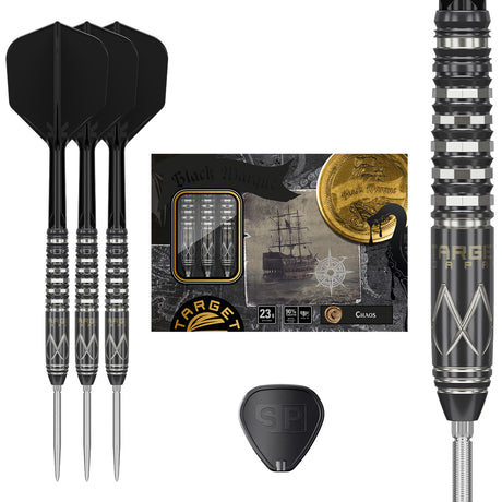 Black Marque Chaos Swiss Point Steel Tip Darts main product image showing the darts, packaging, flights, shafts, and included accessories