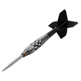 Black Marque Dancing Duck G4 Swiss Point Steel Tip Darts close up image highlighting the barrel grip texture, coating, machining, and design details