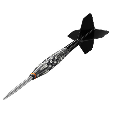 Black Marque Dancing Duck G4 Swiss Point Steel Tip Darts close up image highlighting the barrel grip texture, coating, machining, and design details
