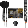 Black Marque Dancing Duck G4 Swiss Point Steel Tip Darts main product image showing the darts, packaging, flights, shafts, and included accessories