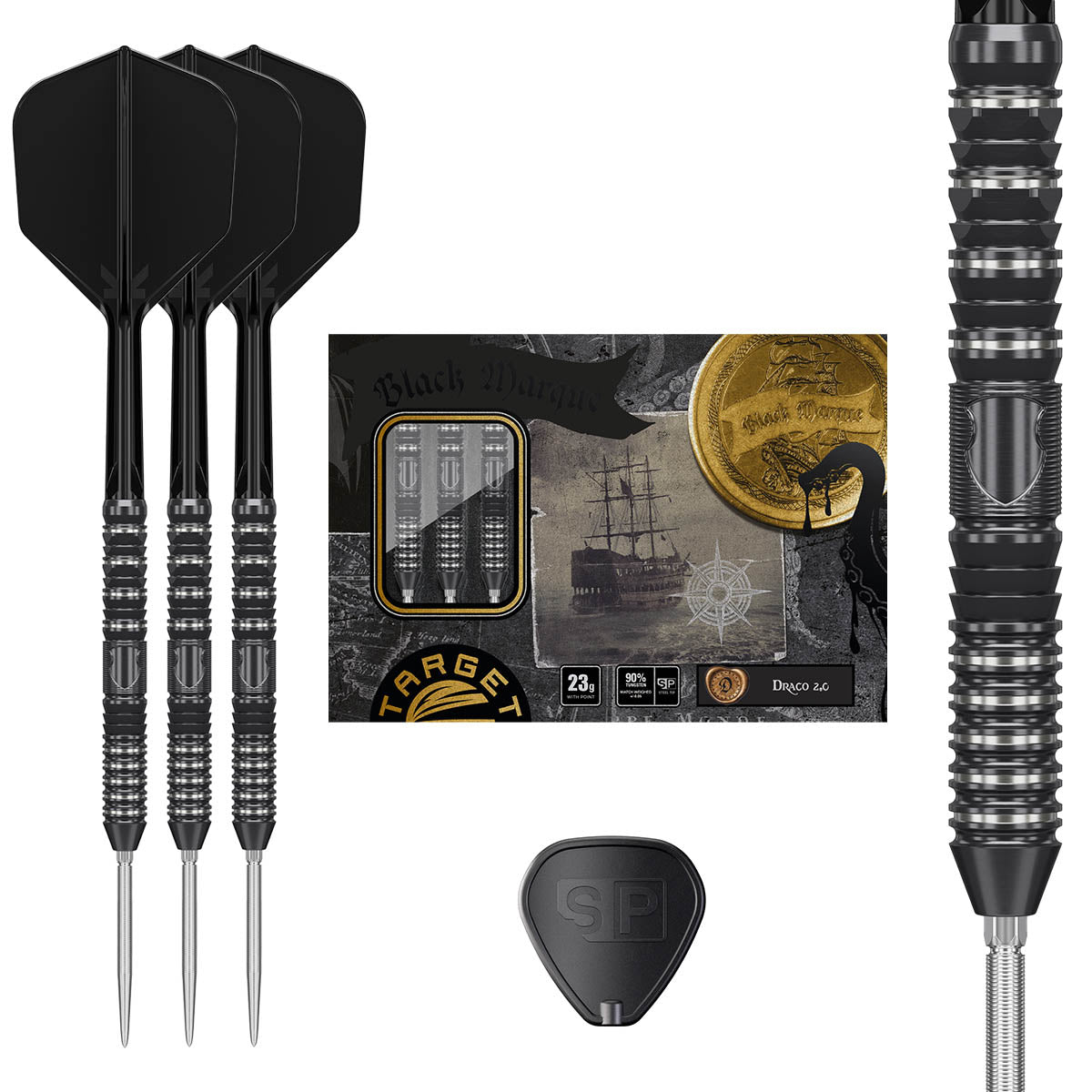 Black Marque Draco G2 Swiss Point Steel Tip Darts main product image showing the darts, packaging, flights, shafts, and included accessories