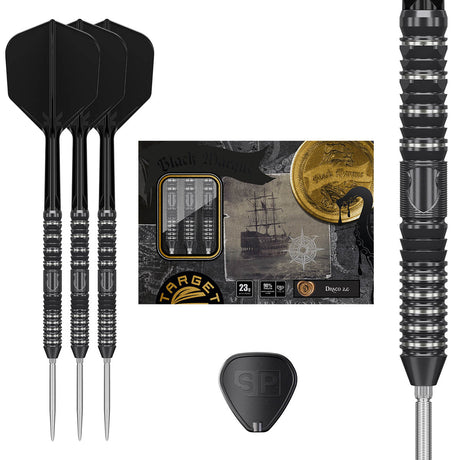 Black Marque Draco G2 Swiss Point Steel Tip Darts main product image showing the darts, packaging, flights, shafts, and included accessories