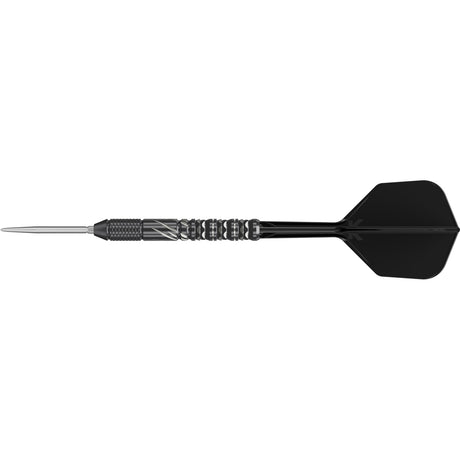 Black Marque Draco Swiss Point Steel Tip Darts close up image highlighting the barrel grip texture, coating, machining, and design details