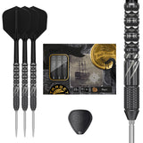 Black Marque Draco Swiss Point Steel Tip Darts main product image showing the darts, packaging, flights, shafts, and included accessories