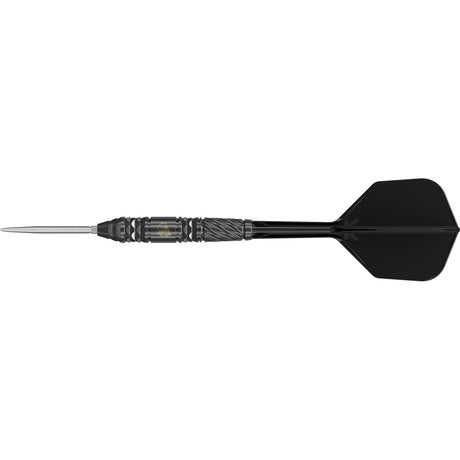 Black Marque Dragon G2 Swiss Point Steel Tip Darts close up image highlighting the barrel grip texture, coating, machining, and design details