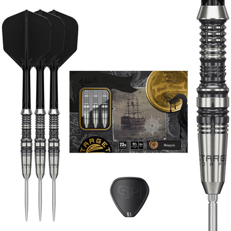 Black Marque Heracles Swiss Point Steel Tip Darts main product image showing the darts, packaging, flights, shafts, and included accessories