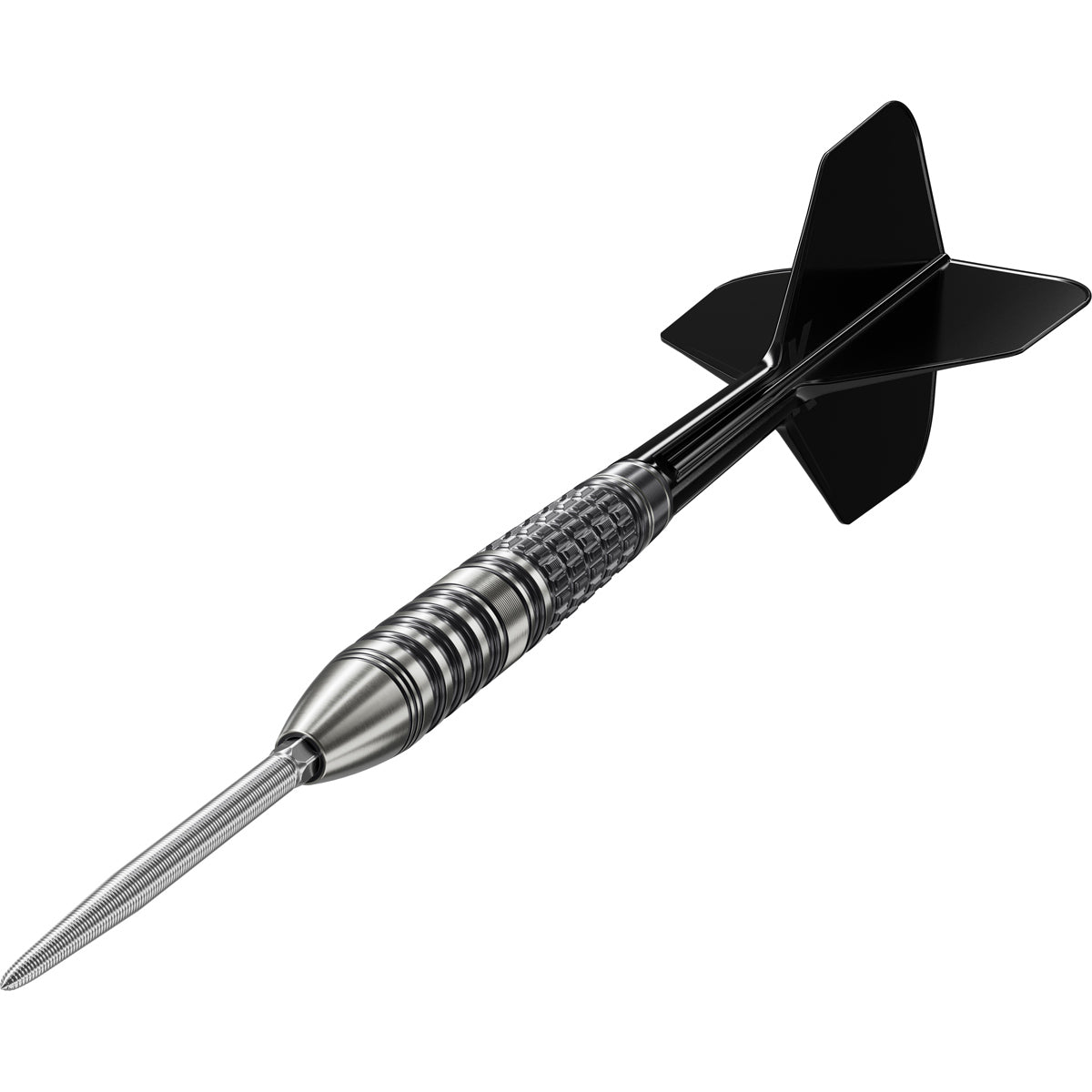 Black Marque Lumiere G3 Swiss Point Steel Tip Darts close up image highlighting the barrel grip texture, coating, machining, and design details