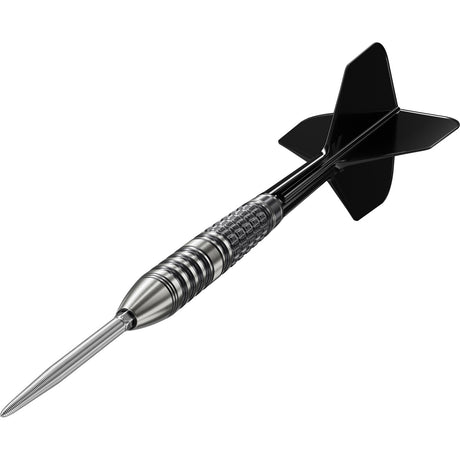 Black Marque Lumiere G3 Swiss Point Steel Tip Darts close up image highlighting the barrel grip texture, coating, machining, and design details