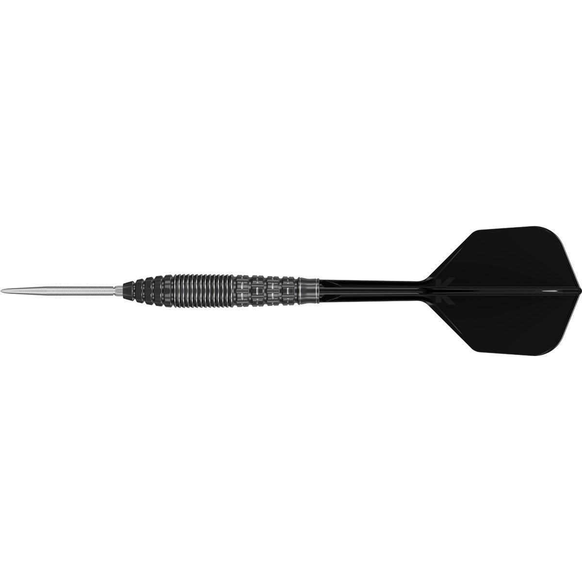 Black Marque Phantom Swiss Point Steel Tip Darts close up image highlighting the barrel grip texture, coating, machining, and design details