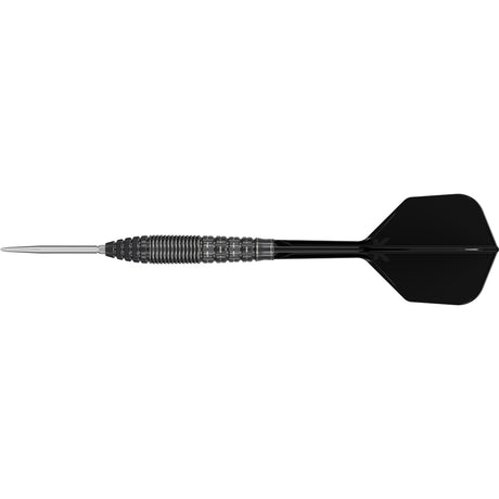 Black Marque Phantom Swiss Point Steel Tip Darts close up image highlighting the barrel grip texture, coating, machining, and design details