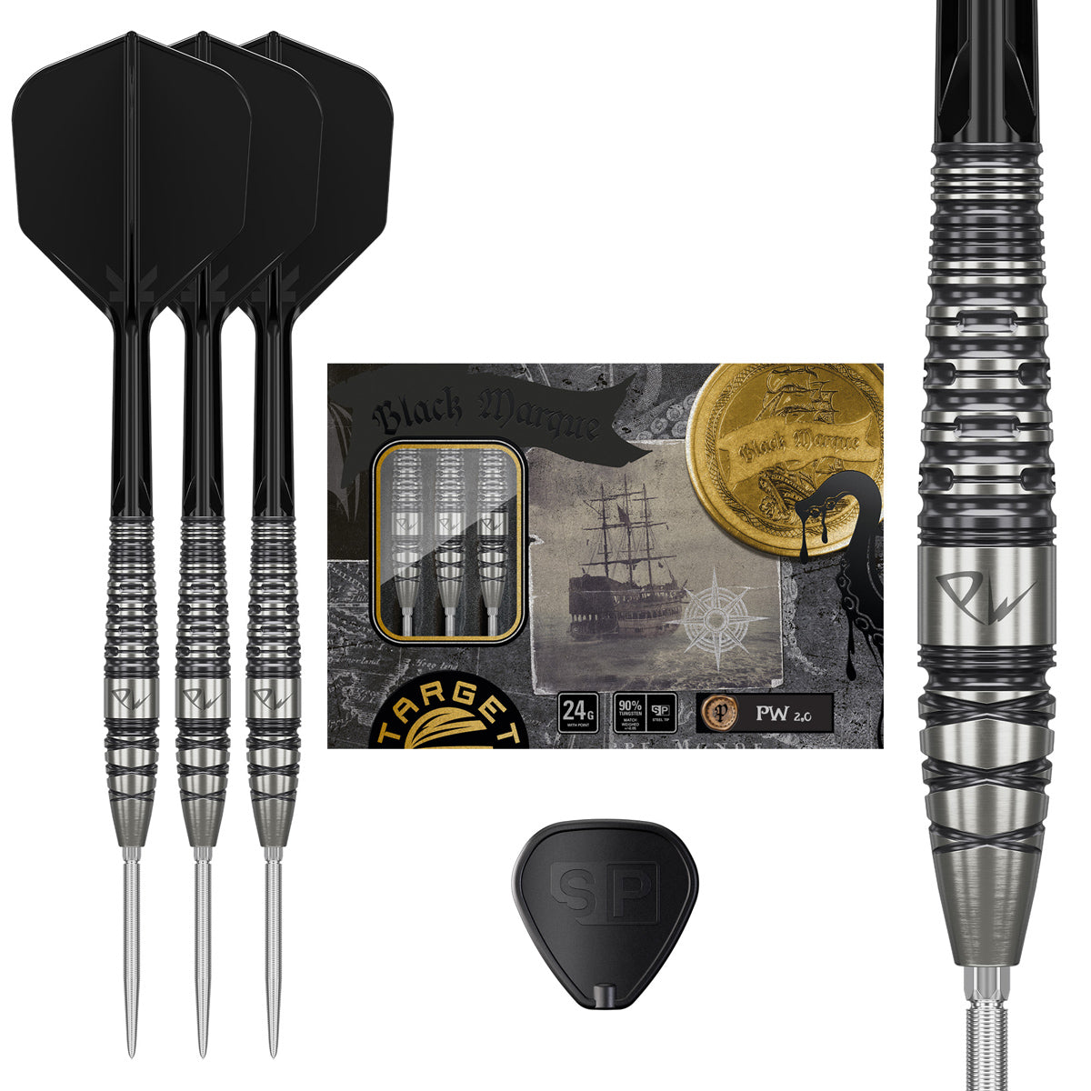 Target Japan Black Marque PW G2 Swiss Point Steel Tip Darts main product image showing the darts, packaging, flights, shafts, and included accessories