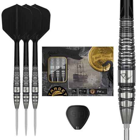 Target Japan Black Marque PW G2 Swiss Point Steel Tip Darts main product image showing the darts, packaging, flights, shafts, and included accessories