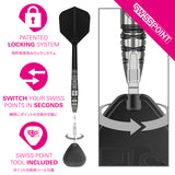 Target Japan Black Marque PW G2 Swiss Point Steel Tip Darts Swiss Point demonstration image showing the interchangeable point system in use