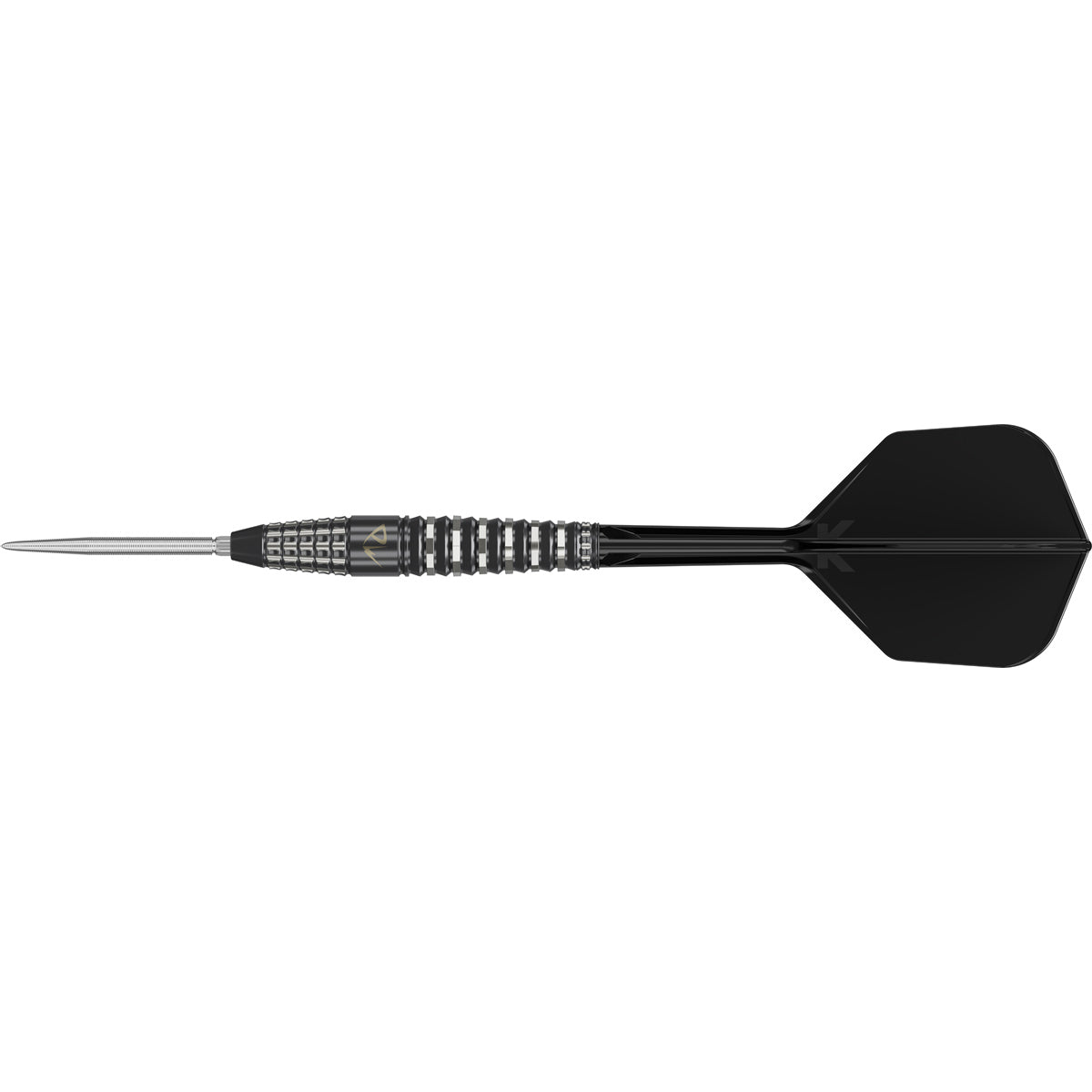 Black Marque PW Swiss Point Steel Tip Darts close up image highlighting the barrel grip texture, coating, machining, and design details