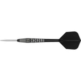 Black Marque PW Swiss Point Steel Tip Darts close up image highlighting the barrel grip texture, coating, machining, and design details