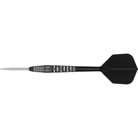 Black Marque PW Swiss Point Steel Tip Darts close up image highlighting the barrel grip texture, coating, machining, and design details