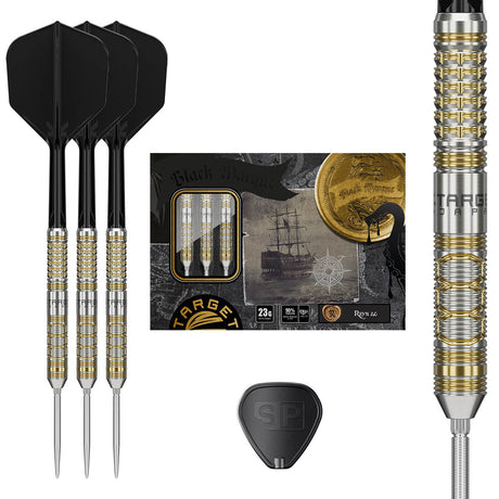 Black Marque Reyn G2 Swiss Point Steel Tip Darts main product image showing the darts, packaging, flights, shafts, and included accessories