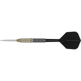 Black Marque Reyn Swiss Point Steel Tip Darts close up image highlighting the barrel grip texture, coating, machining, and design details