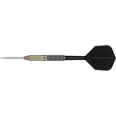 Black Marque Reyn Swiss Point Steel Tip Darts close up image highlighting the barrel grip texture, coating, machining, and design details