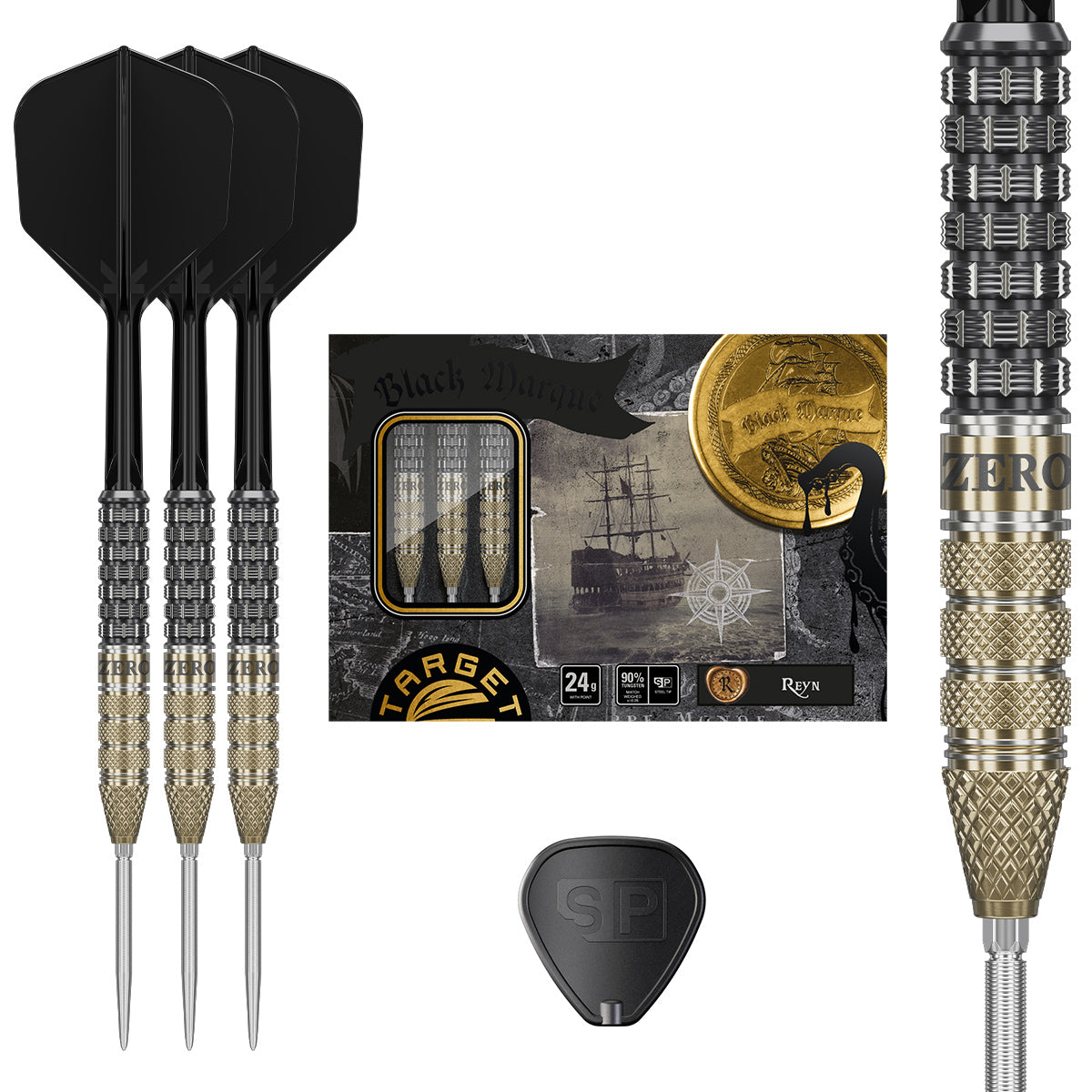 Black Marque Reyn Swiss Point Steel Tip Darts main product image showing the darts, packaging, flights, shafts, and included accessories