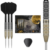 Black Marque Reyn Swiss Point Steel Tip Darts main product image showing the darts, packaging, flights, shafts, and included accessories