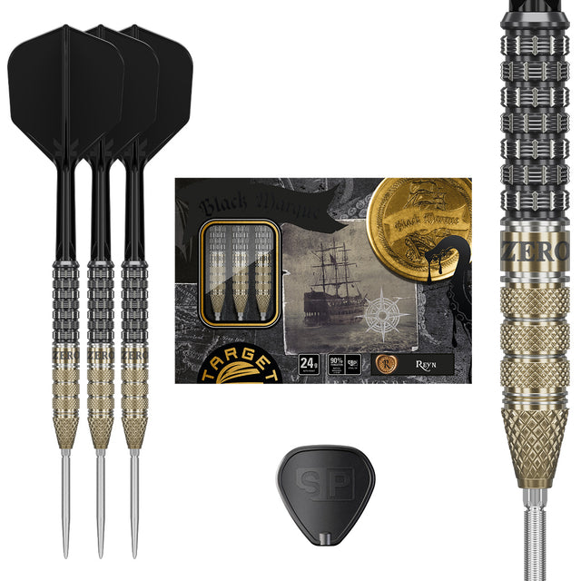 Black Marque Reyn Swiss Point Steel Tip Darts main product image showing the darts, packaging, flights, shafts, and included accessories