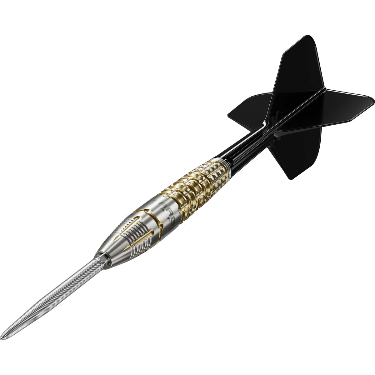 Target Japan Black Marque Warrior Swiss Point Steel Tip Darts close up image highlighting the barrel grip texture, coating, machining, and design details